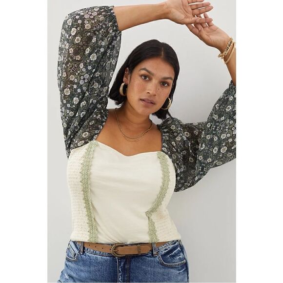 NEW Anthropologie Forever That Girl Smocked Embroidered Lace-Up Top Medium - Picture 6 of 7